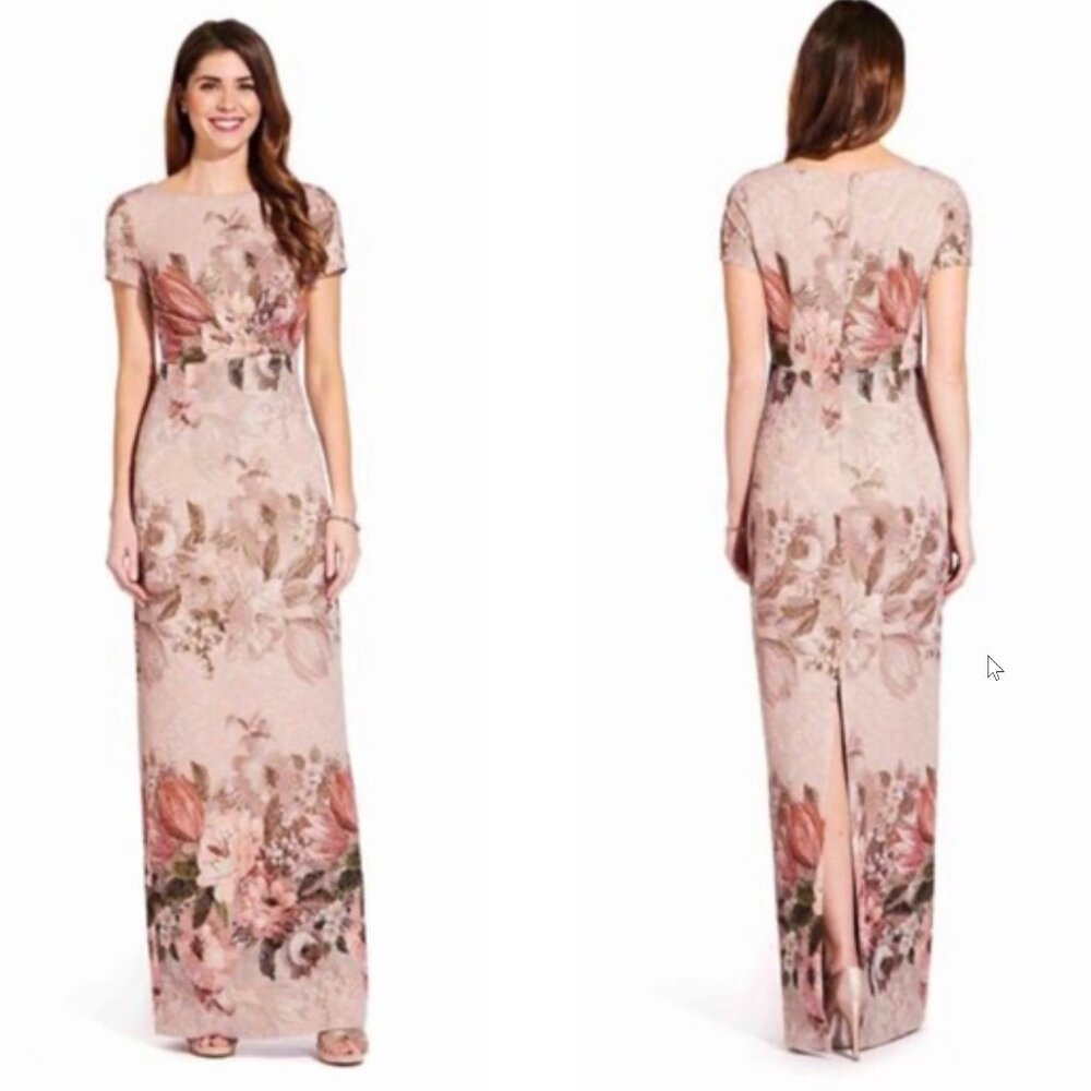 Adrianna Papell Matelasse Floral Column Gown Sz 16